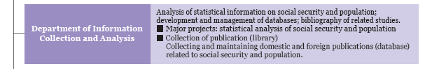 Department of Information Collection and Analysis / Analysis of statistical information on social security and population; 
development and management of databases; bibliography of related studies.
     Major projects: statistical analysis of social security and population
     Collection of publication (library)
Collecting and maintaining domestic and foreign publications (database) 
related to social security and population.