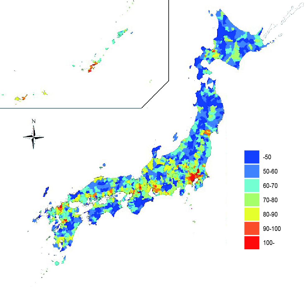 Index of total population by municipality: 2050 (with 2020 set as 100)