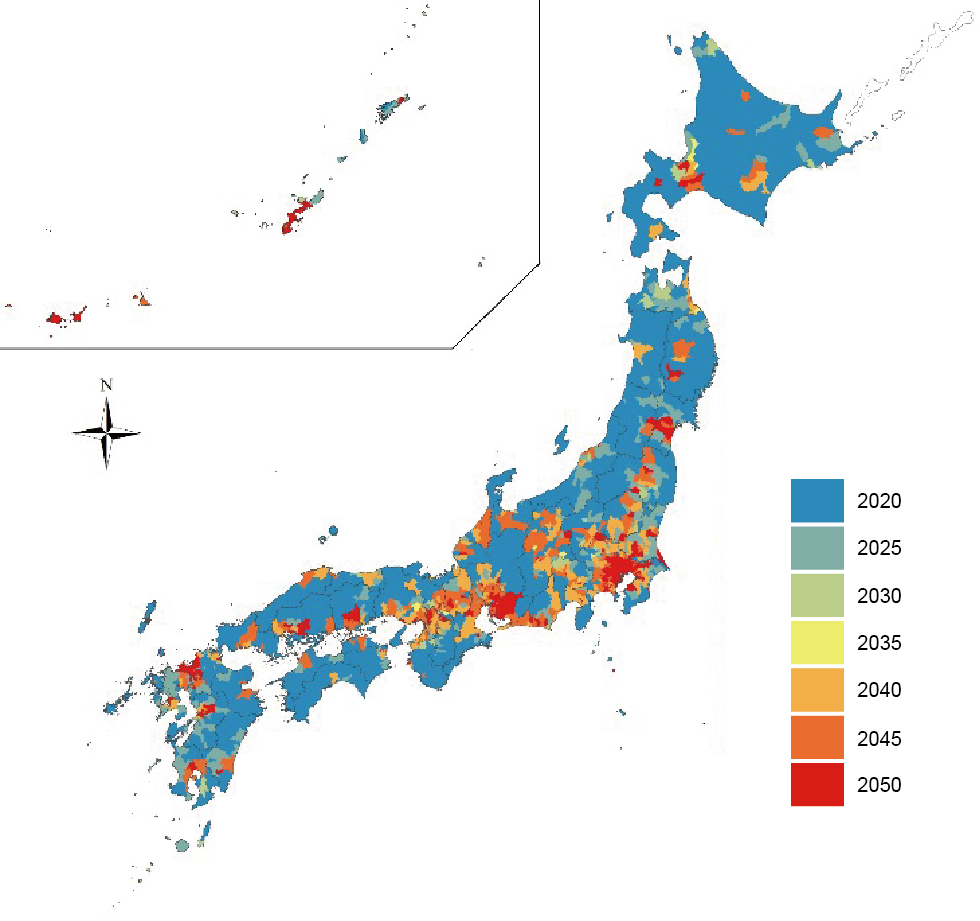 Year in which the population aged 65 and over will peak by municipality: 2020?2050